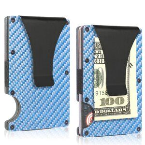 Men's Money Clip Minimalist Slim RFID Blocking Card Holder Blue Carbon Fiber